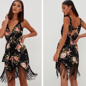 Black Floral Tassel Hem Midi Dress